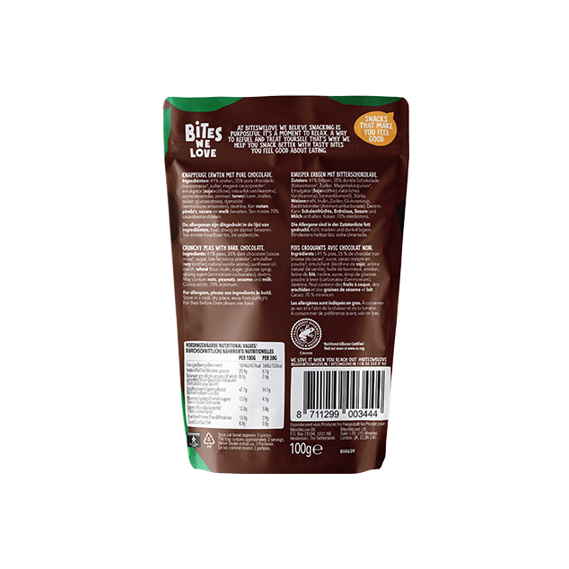 BitesWeLove Crunchy Peas - krõbedad rohelised herned tumedas šokolaadis. Tevislik, vegan ja kiudaineterikas snäkk