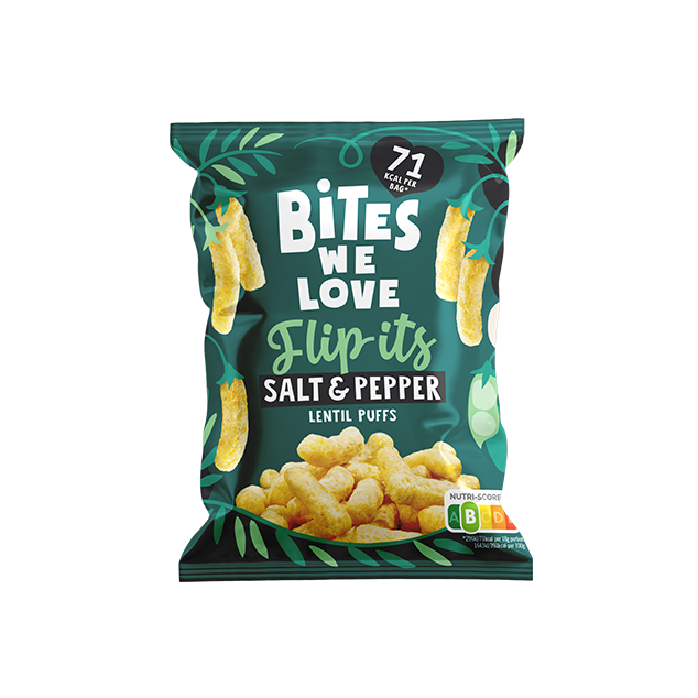 BitesWeLove Flip-its - soola ja pipra läätsekrõpsud. Tevislik, vegan ja kiudaineterikas snäkk