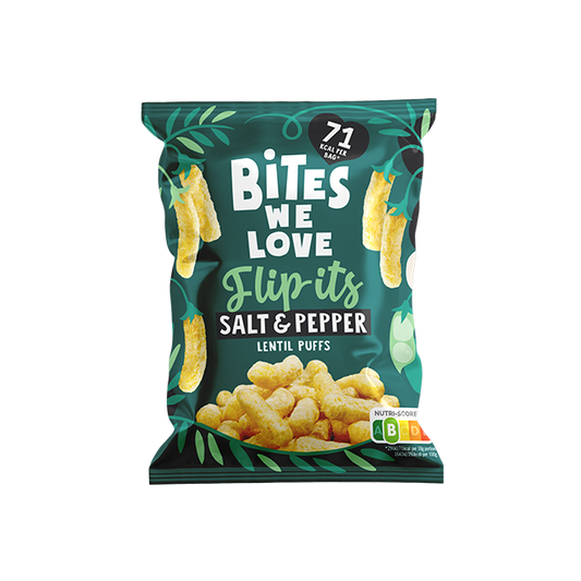 BitesWeLove Flip-its - soola ja pipra läätsekrõpsud. Tevislik, vegan ja kiudaineterikas snäkk