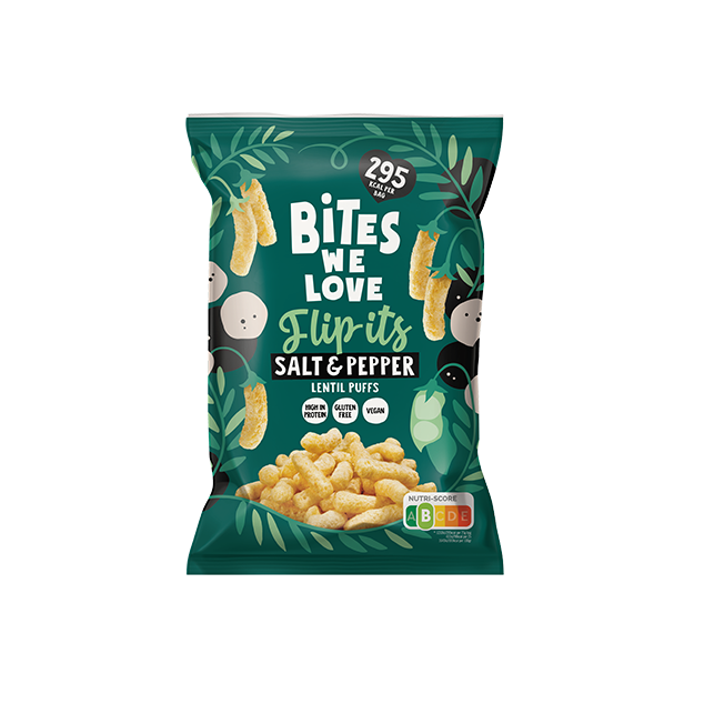 BitesWeLove Flip-its - soola ja pipra läätsekrõpsud. Tevislik, vegan ja kiudaineterikas snäkk