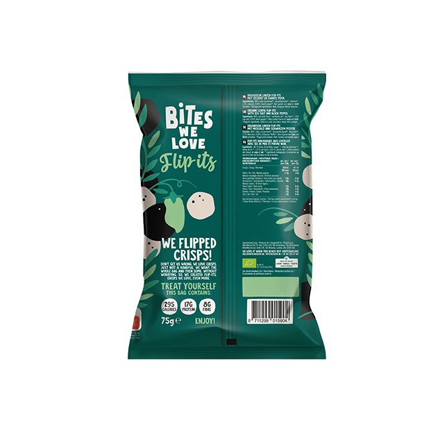 BitesWeLove Flip-its - soola ja pipra läätsekrõpsud. Tevislik, vegan ja kiudaineterikas snäkk