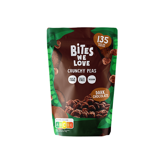 BitesWeLove Crunchy Peas - krõbedad rohelised herned tumedas šokolaadis. Tevislik, vegan ja kiudaineterikas snäkk