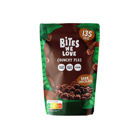 BitesWeLove Crunchy Peas - krõbedad rohelised herned tumedas šokolaadis. Tevislik, vegan ja kiudaineterikas snäkk
