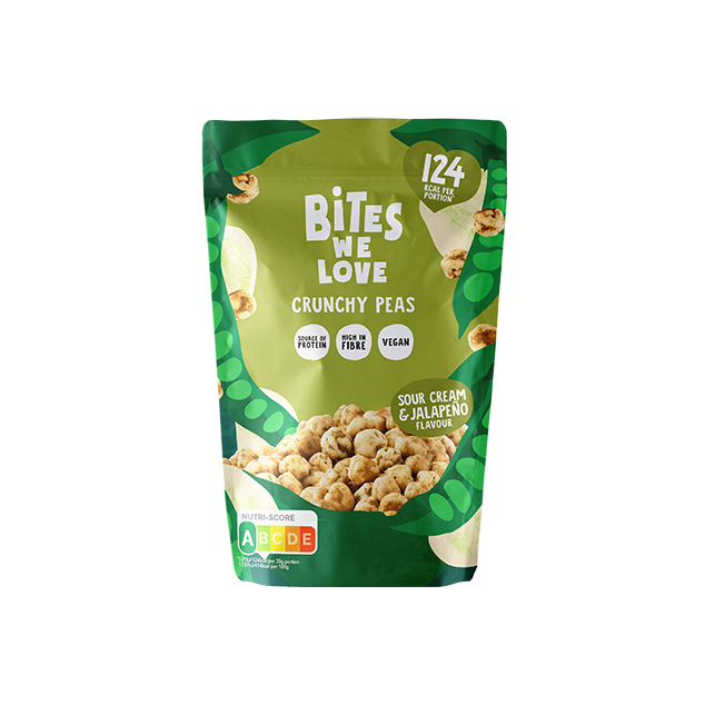 BitesWeLove Crunchy Peas - krõbedad rohelised herned hapukoore ja jalopeno. Tevislik, vegan ja kiudaineterikas snäkk