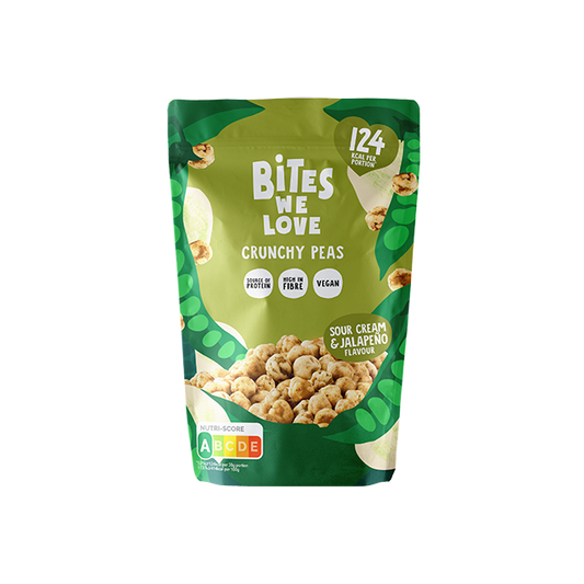 BitesWeLove Crunchy Peas - krõbedad rohelised herned hapukoore ja jalopeno. Tevislik, vegan ja kiudaineterikas snäkk