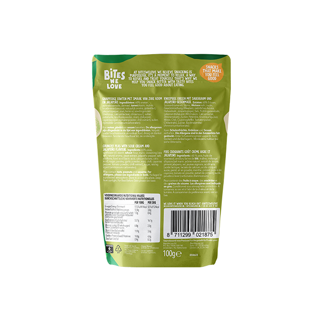 BitesWeLove Crunchy Peas - krõbedad rohelised herned hapukoore ja jalopeno. Tevislik, vegan ja kiudaineterikas snäkk