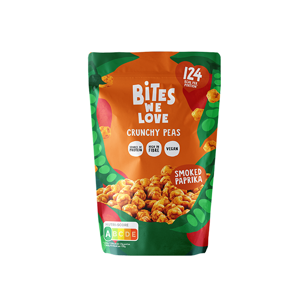 BitesWeLove Crunchy Peas - krõbedad paprikamaitselised rohelised herned. Tevislik, vegan ja kiudaineterikas snäkk