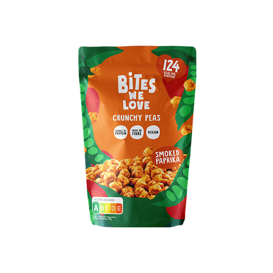 BitesWeLove Crunchy Peas - krõbedad paprikamaitselised rohelised herned. Tevislik, vegan ja kiudaineterikas snäkk