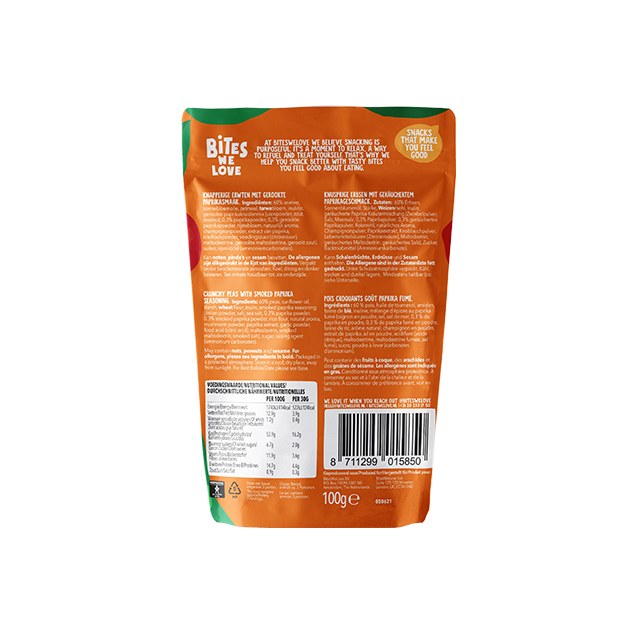 BitesWeLove Crunchy Peas - krõbedad paprikamaitselised rohelised herned. Tevislik, vegan ja kiudaineterikas snäkk